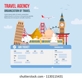 Design for Travel Agency. Time to Travel on Vacation. Travel around Globe. Advertising of Travel Agency. World Tour and Attractions. Trip on Vacation. Business worldwide. Vector Illustration.