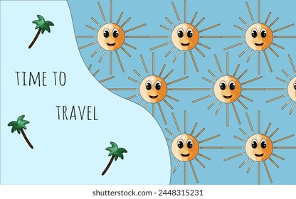 Design Travel banner concept with smiling sun pattern in trendy Kawaii style with text. Travel agency web card template. Y2K Vector aesthetic. Editable stroke. EPS 10 