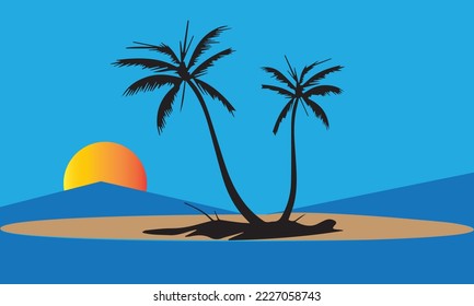 design of a tree and sun above the beach on the beach in the blue sky, summer season