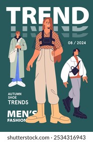 Design de capa na moda com manchetes e modelos de pose. Modelo de revista de moda com homens em roupas legais. Meninos elegantes em roupas de marca no layout da página de estilo masculino. Ilustração de vetor plano