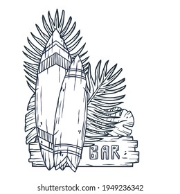 Design of trendy hawaii surf for tiki bar. Traditional ethnic surfing of hawaiian, maori or polynesian. Old tribal board