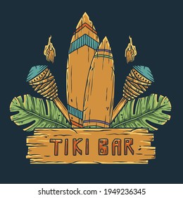 Design of trendy hawaii surf for tiki bar. Traditional ethnic surfing of hawaiian, maori or polynesian. Old tribal board