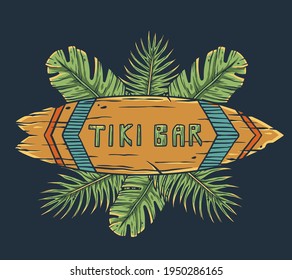 Design of trendy hawaii surf for tiki bar. Traditional ethnic surfing of hawaiian, maori or polynesian. Old tribal board