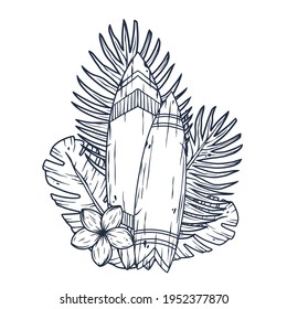 Design of trendy hawaii surf for tiki bar. Traditional ethnic surfing of hawaiian, maori or polynesian. Old tribal board