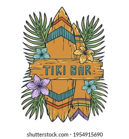 Design of trendy hawaii surf for tiki bar. Traditional ethnic surfing of hawaiian, maori or polynesian. Old tribal board