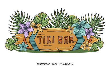 Design of trendy hawaii surf for tiki bar. Traditional ethnic surfing of hawaiian, maori or polynesian. Old tribal board