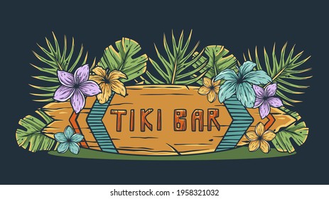 Design of trendy hawaii surf for tiki bar. Traditional ethnic surfing of hawaiian, maori or polynesian. Old tribal board