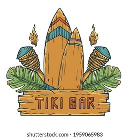 Design of trendy hawaii surf for tiki bar. Traditional ethnic surfing of hawaiian, maori or polynesian. Old tribal board