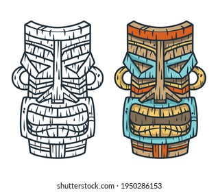 Design of trendy hawaii wooden tiki mask for surfing bar. Traditional ethnic idol and hawaiian surf, maori or polynesian. Old tribal totem