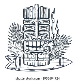 Design of trendy hawaii wooden tiki mask for surfing bar. Traditional ethnic idol and hawaiian surf, maori or polynesian. Old tribal totem with joint