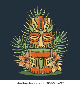 Design of trendy hawaii wooden tiki mask for surfing bar. Traditional ethnic idol and hawaiian surf, maori or polynesian. Old tribal totem