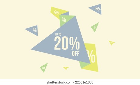 Design des Dreieck-Vektorbanners mit coolen Farben 20% Umsatz. Blaugrün-gelbe Tag-Vorlagen mit speziellen Angeboten zum Kauf, Schlaganfällen und Elementen.