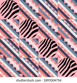Design von Dreiecken und Kreisen mit Zebra Streifen. Polka-Punkte. Nahtloses Muster. Textil. Ethnische Boho-Ornament. Vektorgrafik für Webdesign oder Print.