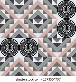 Design von Dreiecken und Kreisen mit Zebra Streifen. Polka-Punkte. Nahtloses Muster. Textil. Ethnische Boho-Ornament. Vektorgrafik für Webdesign oder Print.