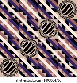 Design of triangles and circles with Zebra stripes. Polka dots. Seamless pattern. Textile. Ethnic boho ornament. Vector illustration for web design or print.
