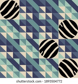 Design of triangles and circles with Zebra stripes. Polka dots. Seamless pattern. Textile. Ethnic boho ornament. Vector illustration for web design or print.