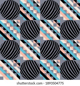 Diseño de triángulos y círculos con rayas de cebra. Pos de polka. Patrón sin foco. Textil. Ornamento étnico de boho. Ilustración vectorial para diseño web o impresión.