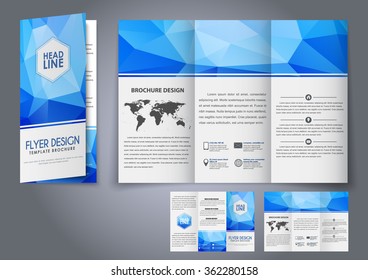 Design tri-fold flyers, brochures blue polygonal elements. The corporate design for advertising, printing and presentation. Vector illustration.