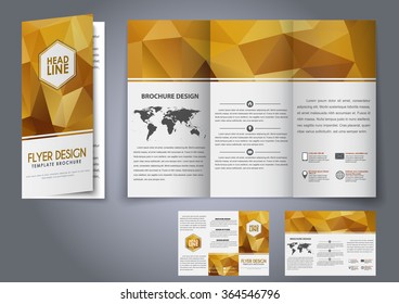 Design tri-fold flyers, brochures gold polygonal elements. The corporate design for advertising, printing and presentation. Vector illustration.