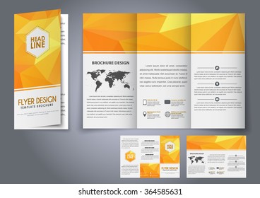 Design tri-fold flyers, brochures orange polygonal elements. The corporate design for advertising, printing and presentation. Vector illustration.