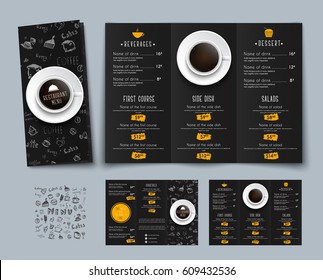 Design of a triple black menu for cafes and restaurants. Templates, brochures with orange price tags, a cup of coffee and drawings by hand. Vector illustration