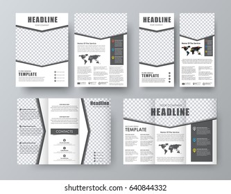 Design triple brochure, flyer format A4, and a narrow banner with an arrow and a place for a photo. Vector illustration, corporate style template.