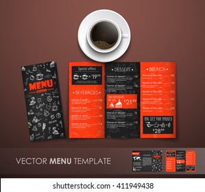 Design Triple Folding Menu, Black And Red With Elements Of Drawings By Hand For Cafes, Restaurants And Shops. Mockup  With A  Coffee Cup. Vector Illustration