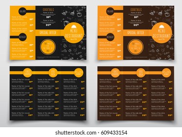 Design of triple folding menus for cafes and restaurants. The brochure templates are black and brown with orange elements, drawings by hand, a list of dishes and drinks and their prices. Vector