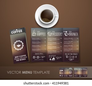 Design triple unfolding coffee menu with hand drawings and blurred background. Mockup with  template  for the cafe, shops or restaurants. Vector illustration  