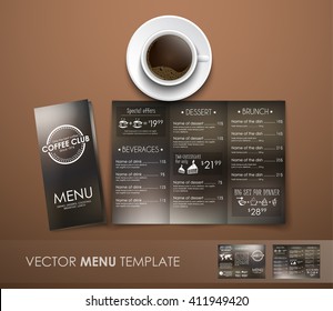 Design Triple Unfolding Coffee Menu With Hand Drawings And Logo On Blurred Brown Background. Mockup  With Template, And A Cup.  For Restaurants And Cafes. Vector Illustration