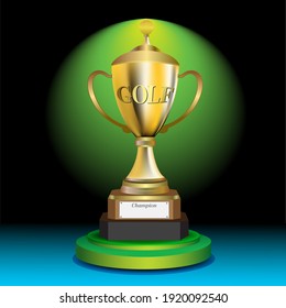Diseño, trofeo vectorial ilustración de un torneo de golf, fondo negro con brillo 