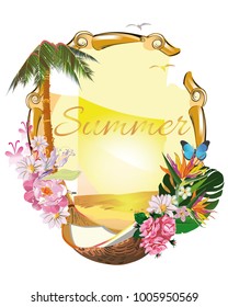 Design of tropical background with palm leaves and flowers.