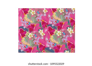 Design of tropical background with palm leaves and flowers.