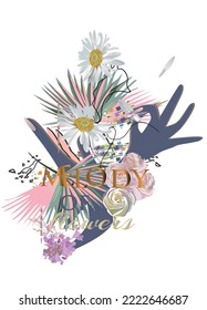 Design with tropical melody slogan.  Background with palm leaves and flowers.Handwritten lettering quote, slogan or saying. Hand drawn vector illustration.