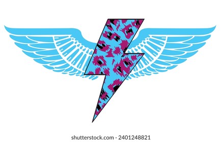 Design for t-shirt with animal print thunderbolt symbol and blue wings