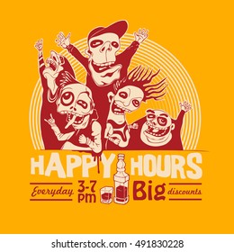 Design T-shirt Or Bar Poster Happy Hours With Happy Joyful Characters. Vector Illustration.