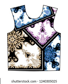 Design t-shirt with blue baroque   elements. 