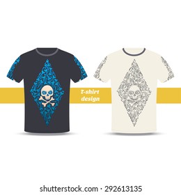 Design tshirt with a color and black hand drawn pattern of bones and skulls. Located on the white background
