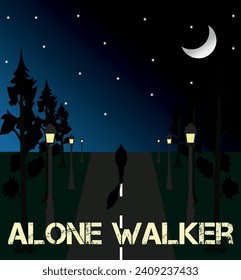 Design for t-shirt, Cover, DP, Background. A man walking alone at moonlight night in the street.