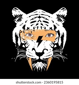 Design for t-shirt with the face of a saber-toothed tiger with the eyes of a woman. Fantastic vector illustration to talk about the feminist struggle.