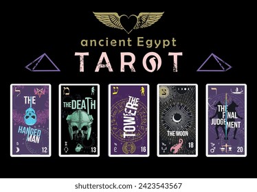 Design for a t-shirt with five Egyptian tarot cards. The hung man, the death, the tower, the moon and the final judgement.