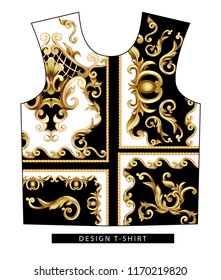 Design t-shirt with golden baroque elements. Vector illustration.