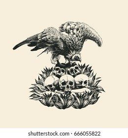 Design T-shirt With Griffon Vulture On The Skulls. Retro Engraving Style. Vector Illustration.