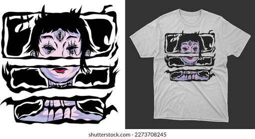 Design for t  shirt jacket and illustration scary three  eyed girl  Apparel design  Abstract illustration design