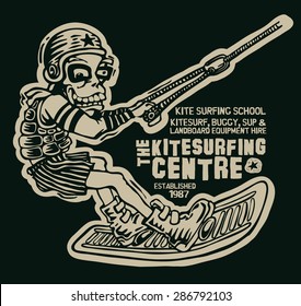 Design T-shirt The Kitesurfing Centre. Kite Surfing School And Hire With Kitesurfer And Fonts. Vector Illustration.