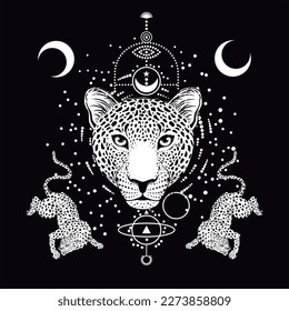 design for t-shirt with leopards and geometric elements isolated on black