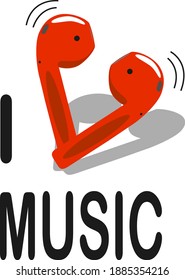 design for t-shirt, lettering i love music. Red heart-shaped headphones replace the word love.