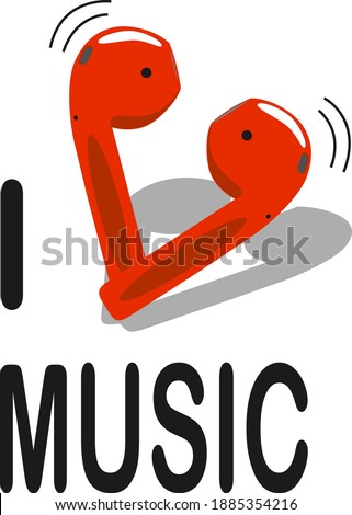 design for t-shirt, lettering i love music. Red heart-shaped headphones replace the word love.