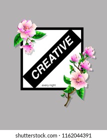 Design t-shirt with magnolia flowers and slogan. 