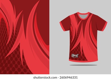 Design T-shirt mockup with abstract stripe line jersey design for football, soccer, racing, esports, running, in red color